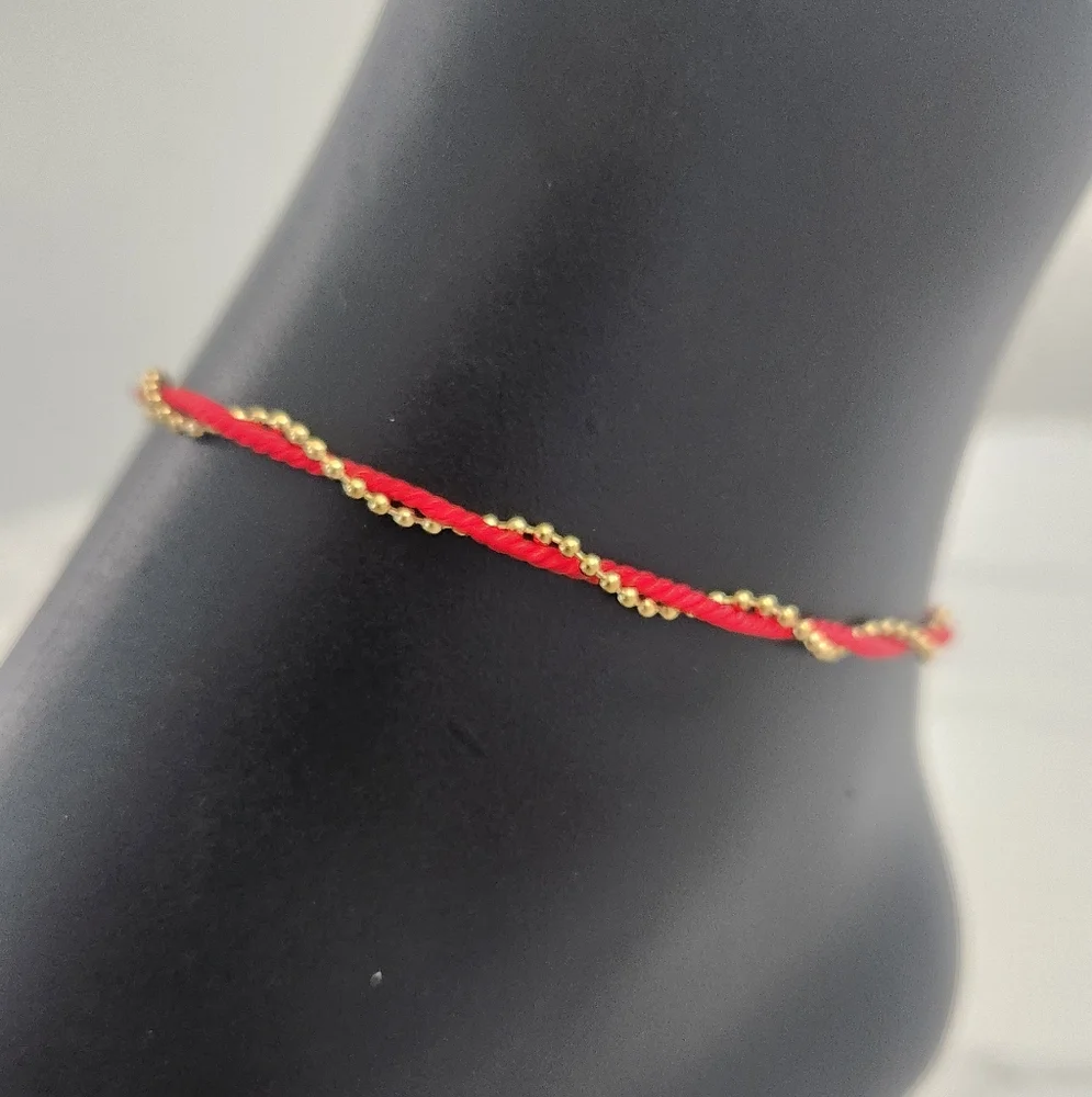 Red Rope String & Gold Beaded Twisted Anklet - Picture 5 of 13